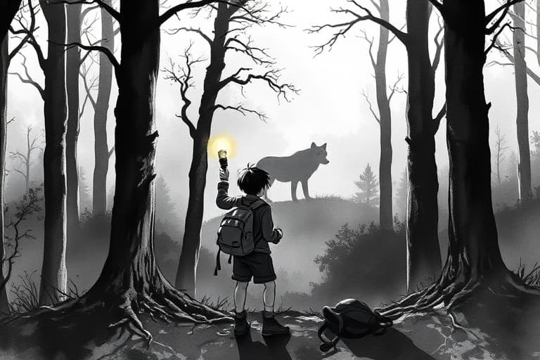 The torch flickers—a fragile shield against the gathering dark. Behind them, something moves between the trees.