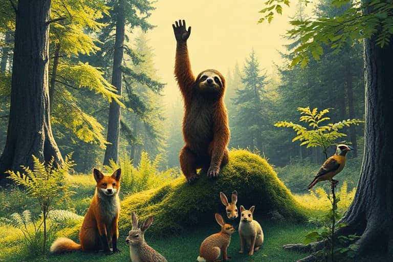 The forest council convenes. Sloth raises a weathered paw, speaking with deliberate authority as the gathered animals listen intently.