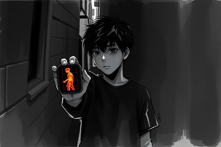 The watch face glows with borrowed heat—a body rendered in false colors, three blocks distant and closing. He tilts the screen toward the alley's deeper dark, watching prey become data become inevitable.