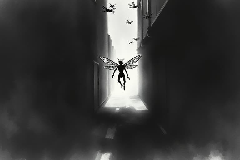 The metamorphosis completes. Where the boy stood, only geometry remains—angular thorax, translucent wings catching the alley's faint luminescence. A sound rises from what was once a throat: a resonant, layered buzz that splits the humid air.